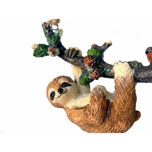 Sloth Christmas Ornament Branch w/ Cardinal Berries Ceramic Jungle Animal - Picture 2 of 2